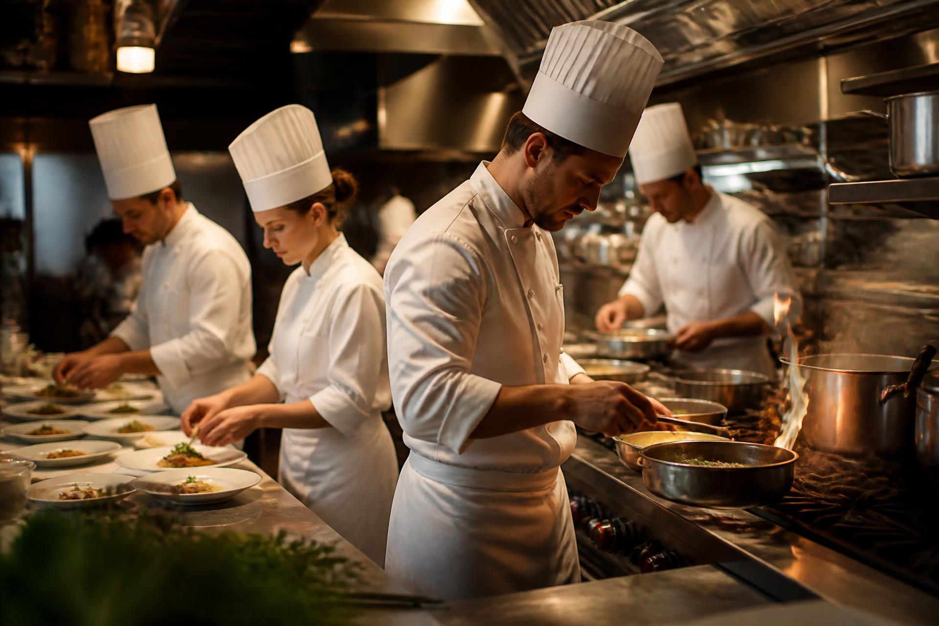 Chefs in white coats and toques cooking on the line in a professional kitchen